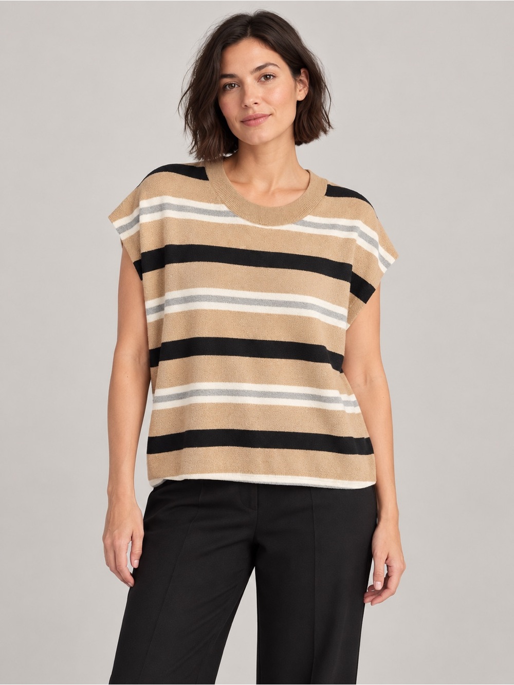 Maeve Striped Short Sleeve Sweater Tan Black Size L